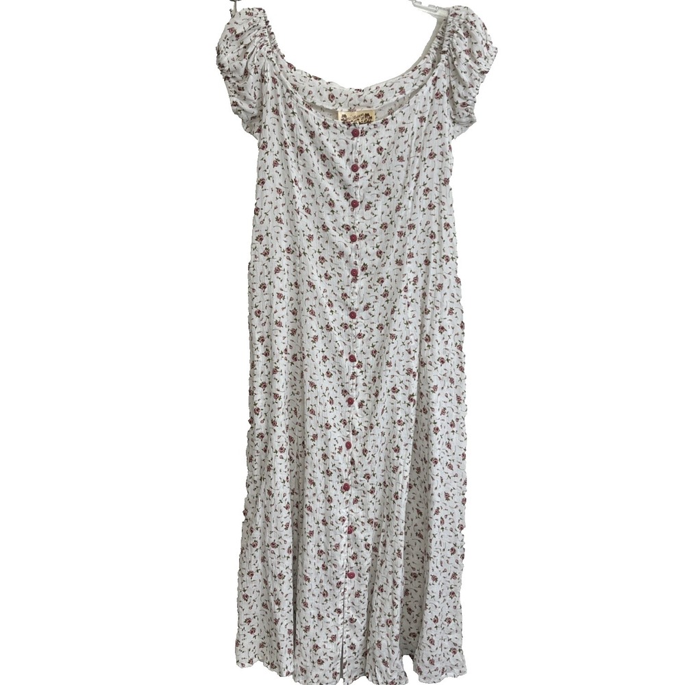 Vintage Illusions Floral Midi Dress Size M Cottagecore Coquette Romantic Cinch